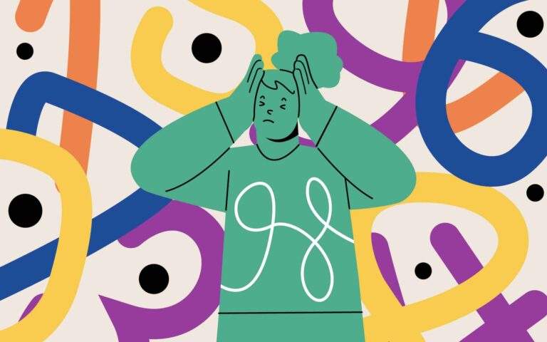 Una meditación de 12 minutos para sentarse con sentimientos incómodos: Ilustración de una persona que expresa estrés con líneas abstractas coloridas en el fondo.