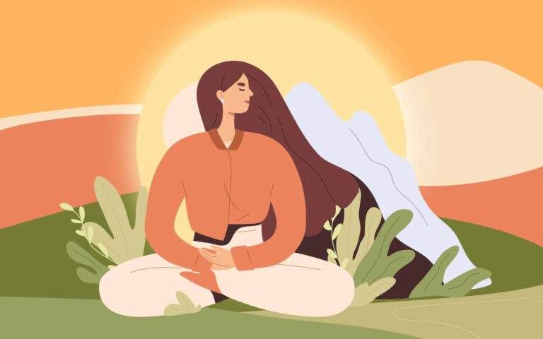 Mujer meditando. Persona pacífica durante la meditación, el yoga y la práctica espiritual. Mujer relajándose en postura de loto. Armonía, zen, concepto de conciencia.